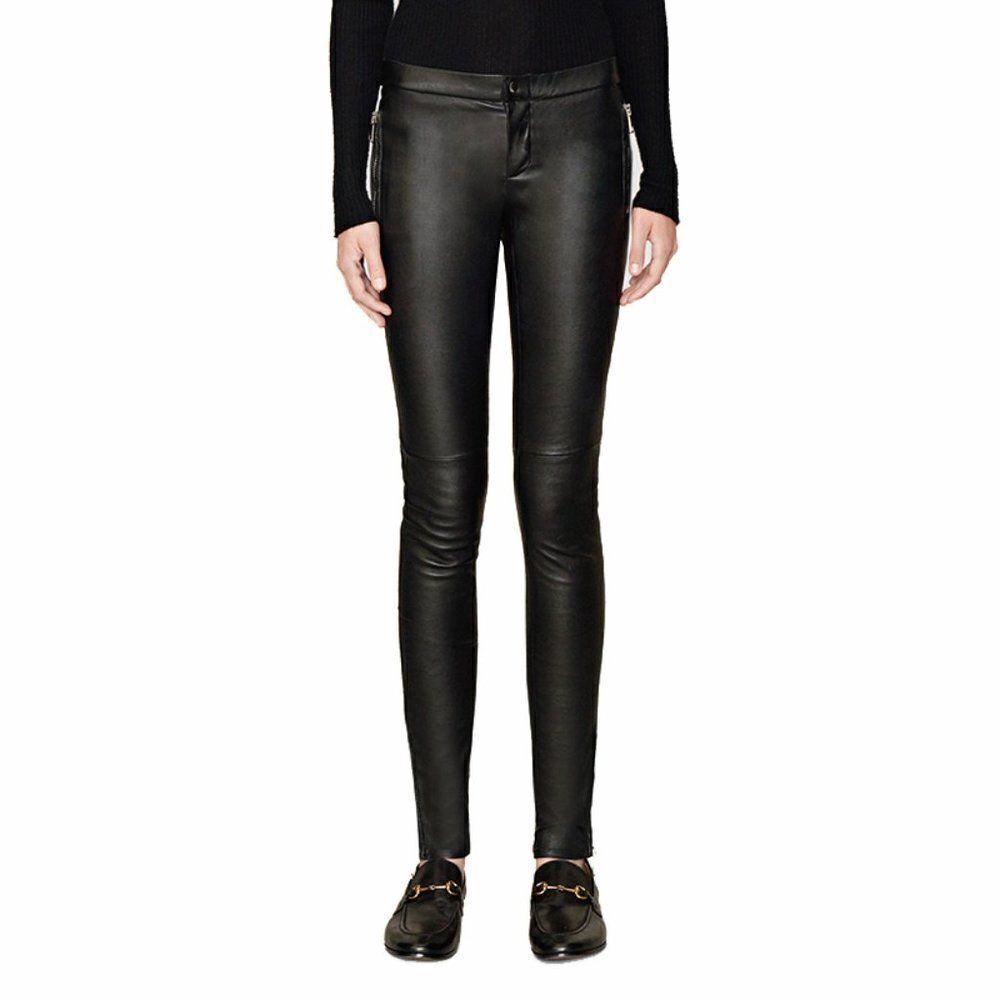 Gucci Women's Black 100% Leather Skinny Silver Chunky Zipper Pants